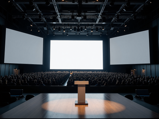 大型会议现场,数百人聚集在现代化会议厅,台上演讲者正在发言,观众认真聆听