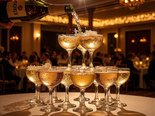 商务社交场合,多位商务人士举杯庆祝,背景为高端酒店宴会厅,灯光温馨