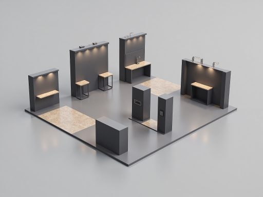 展台展示区域,工作人员向参观者介绍产品,展台设计现代简约