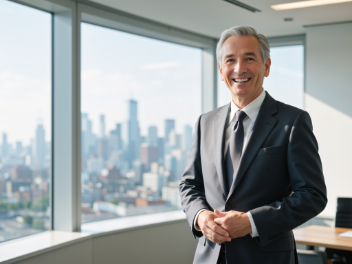 五十岁左右男性,西装革履,佩戴眼镜,面带微笑,背景为商务办公环境