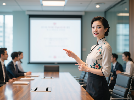 四十五岁左右女性,职业套装,优雅气质,手持话筒在讲台上演讲,背景为会议室